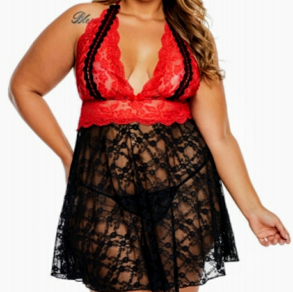 Queen Size Sexy Red & Black Lace Halter Bady Doll